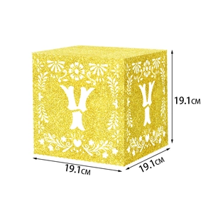 Golden glitter baby shower party cube box with white floral patterns and letter Y