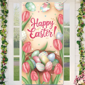 Happy Easter party door banner featuring colorful eggs and pink tulips in outdoor setting