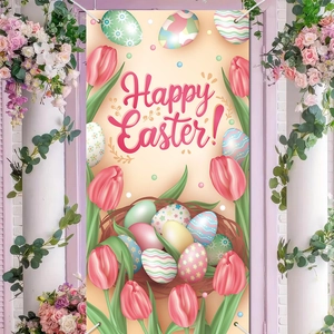 Happy Easter banner with colorful eggs and tulips hanging on a white porch door