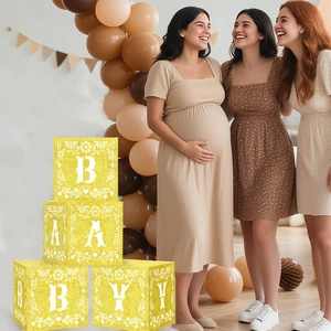 Golden BABY shower balloon boxes with intricate hollow patterns for party decor