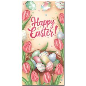 Happy Easter banner with pink tulips, colorful eggs and bird nest on warm background