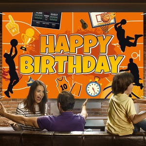Basketball Theme Happy Birthday Backdrop Polyester Sports Elements Party Decoration Banner Photo Booth Props