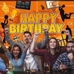 Vibrant orange basketball theme Happy Birthday backdrop featuring athletes and trophies