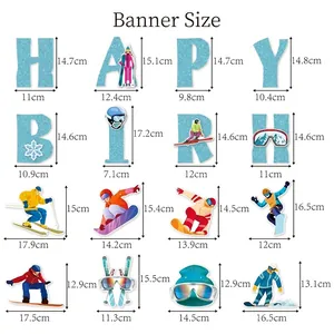 Winter ski themed birthday banner size chart with glittery paper athlete silhouettes