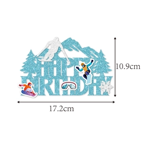 Detailed view of blue glitter ski theme Happy Birthday cake topper with dimensions
