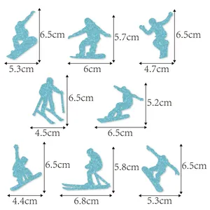 Size chart for 8 glitter ski silhouettes showing height and width measurements in cm