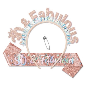 Set écharpe et serre-tête rose 30 & Fabulous pour anniversaire avec franges et épingle
