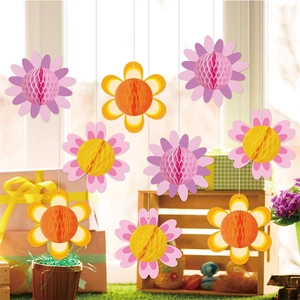 3D honeycomb flower paper pendants set for birthday party and spring home decorations