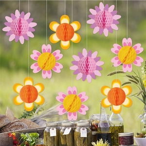 Set of 9 colorful 3D honeycomb flower hanging decorations for birthday party and picnic
