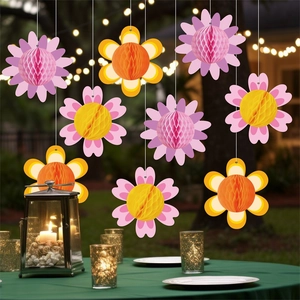 Set of 9 hanging paper honeycomb flower decorations for garden party and birthday events