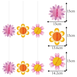 Set of 3 3D floral honeycomb hanging decorations for spring parties with dimension guides