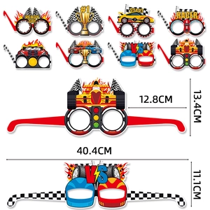 Racing car themed paper party glasses set with trophies and racing slogans for kids