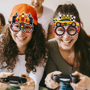 Racing car party glasses with checkered flags and traffic lights for kids birthday fun