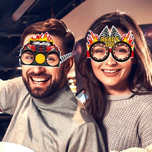 Racing car party glasses for kids featuring checkered flags and Ready Go typography