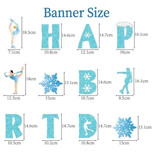 Winter ice skating birthday banner size chart with blue glitter snowflake and skater silhouettes