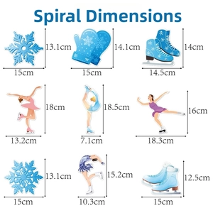 Size chart for winter ice skating theme decorations including snowflakes and skaters