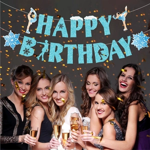 Blue glitter figure skating happy birthday banner with snowflake ice skating silhouettes