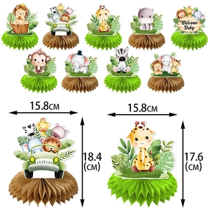 Jungle animal honeycomb centerpieces for baby shower decor with product size labels
