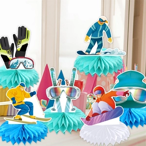 Set of colorful ski themed 3D honeycomb centerpieces for winter birthday party decor