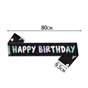 Black glitter Happy Birthday sash for party decorations, size 80cm x 9.5cm