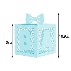 Light blue laser-cut baby shower candy box with bow-tie top and letter cutouts