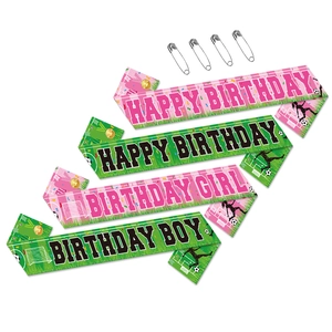 Soccer birthday party sash set including four colorful sashes and safety pins