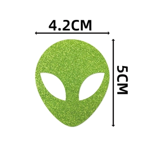 Detailed view of green glitter alien straws topper dimensions 4.2cm by 5cm for party