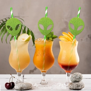 Alien theme party straws with green glitter heads for festive beverage decorations