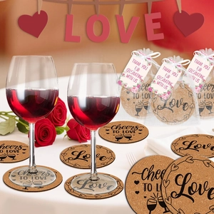 Personalized cork coasters set for weddings with heart motifs and gift packaging
