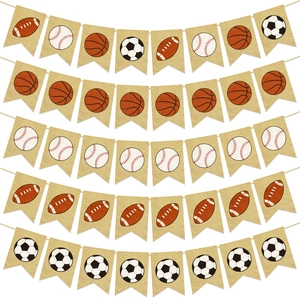 Sports Theme Burlap Banner Linen Swallowtail Flags For Soccer Basketball Baseball Football Birthday Party Decoration