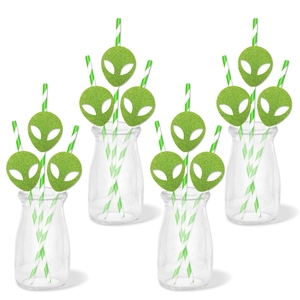 Alien Theme Decorative Straw Toppers Green Glitter Paper Striped Drinking Straws For Birthday Party Space Event