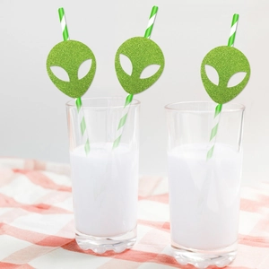 Alien theme party straws with green glitter topper and green striped drinking tube