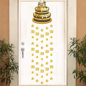 Gold 50th Birthday Party Cake Door Hanging Decoration Set Cardboard Star Pendant Anniversary Celebration Home Wall Decor