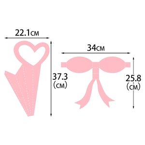 Pink flower bouquet box with heart cutout and bow accessory including size dimensions