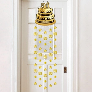 Golden 50th birthday cake hanging decoration for party wall and door ornament