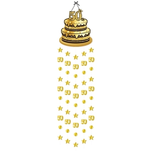 Golden 50th birthday hanging decoration with cake topper stars and crown on white background