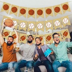Linen sports party banners featuring basketball, baseball and football patterns for decor