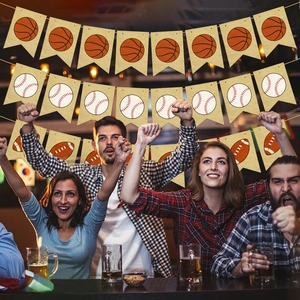 Linen sports pennant banner with basketball, football, and baseball icons for parties