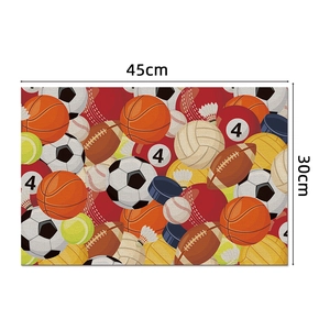 Linen sports placemat with soccer and basketball patterns, sized 45x30cm for party decor