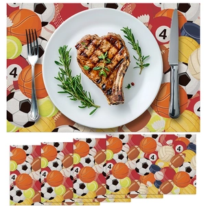Set of 4 sports theme burlap placemats with football and basketball prints for party decor