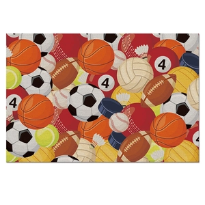 Linen sports themed placemat featuring basketball, football, and baseball patterns