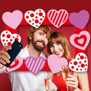 Red Valentine photo frame prop with heart patterns for wedding party photobooth