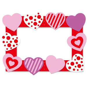 Valentine's Day photo frame prop with red border and colorful decorative hearts for parties