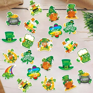 St. Patrick's Day gnome stickers with shamrock and gold coin designs on wood background