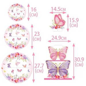 Size guide for a 3-tier butterfly cake stand with round pink floral display trays