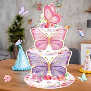 3-tier butterfly themed cupcake stand with pink floral patterns for birthday party decoration
