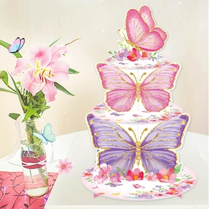 Butterfly theme three-tier cardboard cupcake stand with floral patterns for party decor