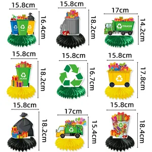 Size specifications for eco-themed honeycomb centerpieces with recycling bin designs