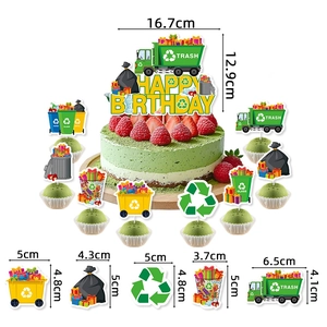 Eco-friendly recycling theme birthday cake toppers set with waste truck and bin designs