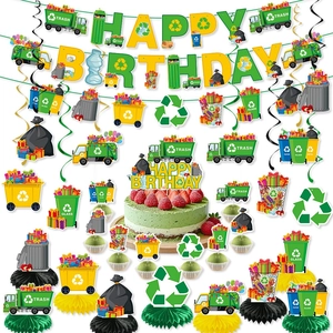 Recycling Theme Birthday Party Decorations Cardboard Garbage Truck Waste Sorting Banner Cake Topper Honeycomb Swirls Kids